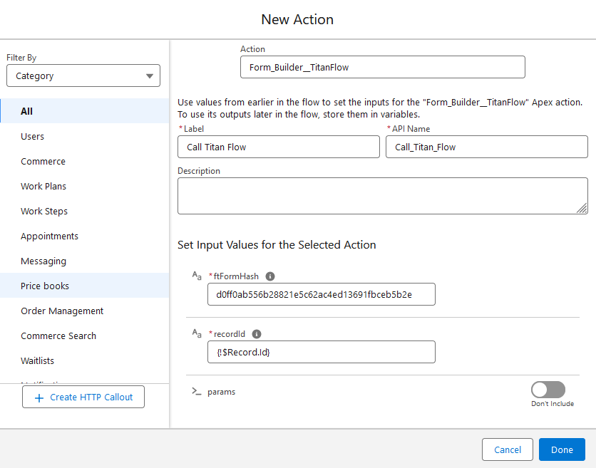 New Action configuration 