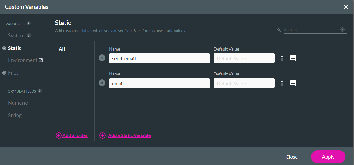 Custom variables window showing the static tab 