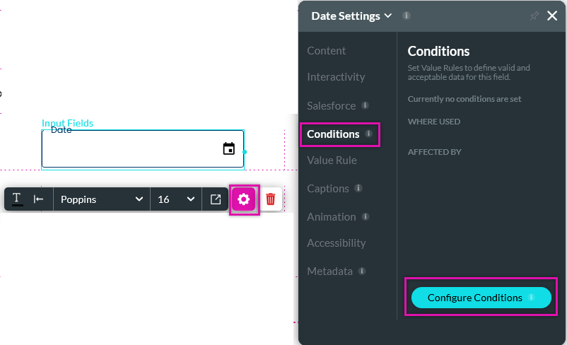 Conditions tab in the date settings menu 