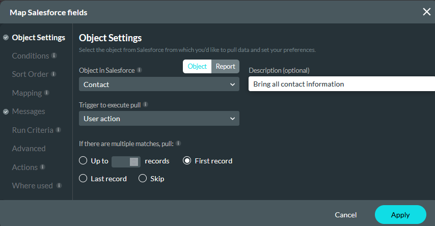 Map Salesforce fields object settings tab 