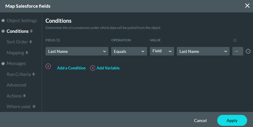 Map salesforce fields conditions tab 