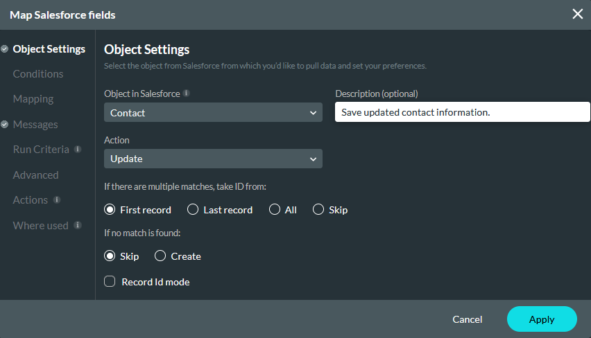 Map Salesforce fields object settings tab