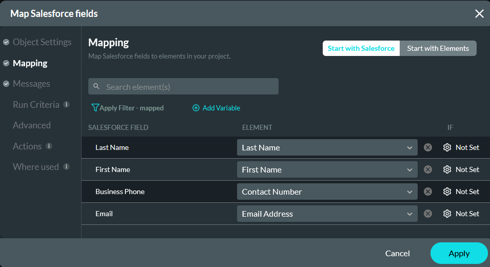 Map Salesforce fields window showing the mapping tab 