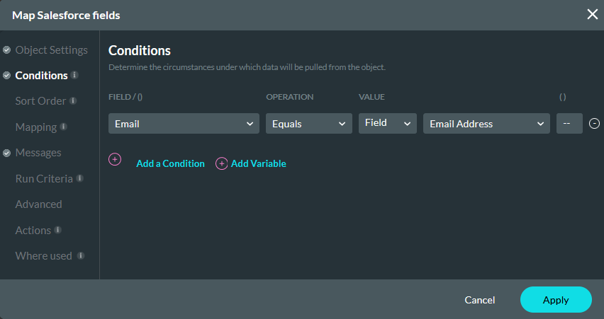 Map Salesforce fields conditions tab 