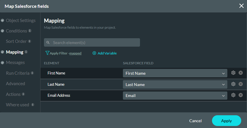 Map Salesforce fields mapping tab 