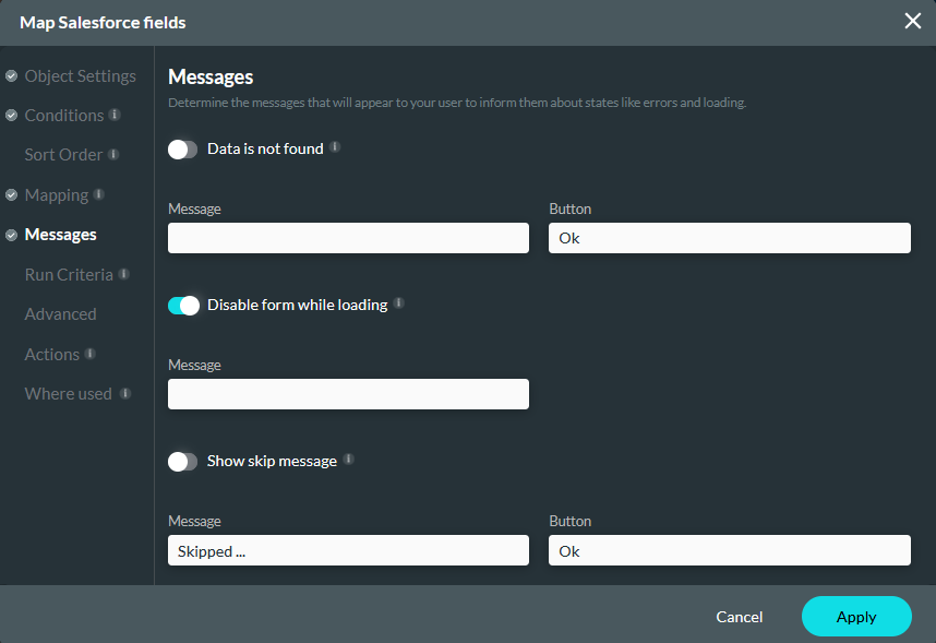 Map Salesforce fields messages tab 