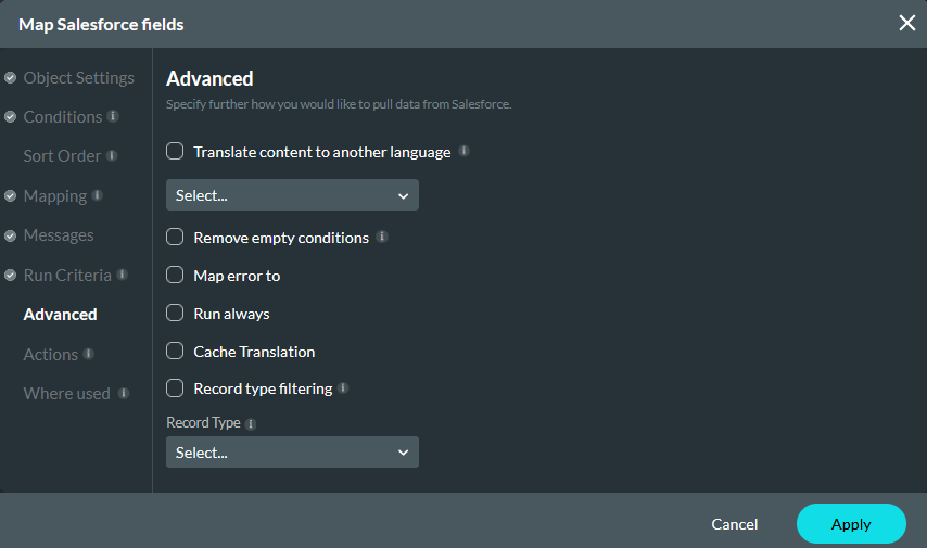 Map Salesforce fields advanced tab 