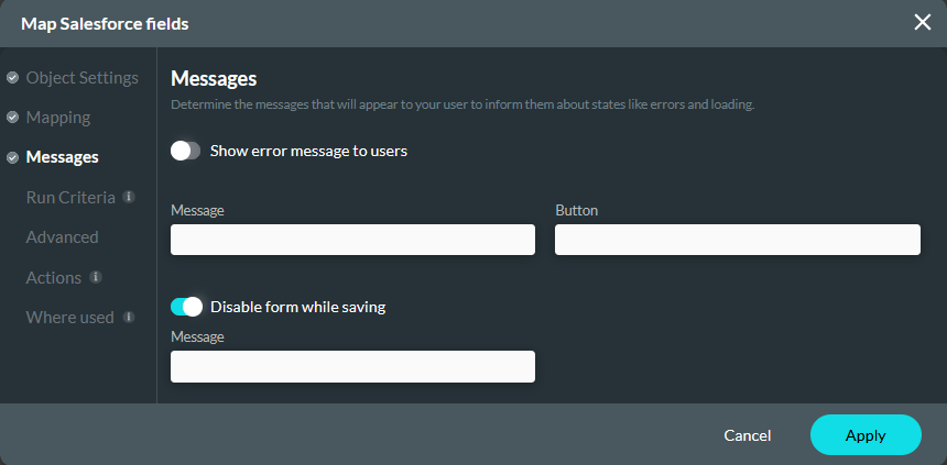 Map Salesforce fields messaging tab 