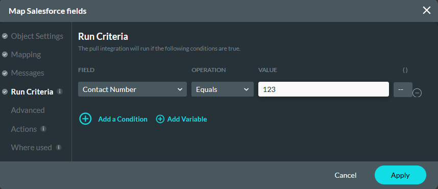 Map Salesforce fields run criteria tab 