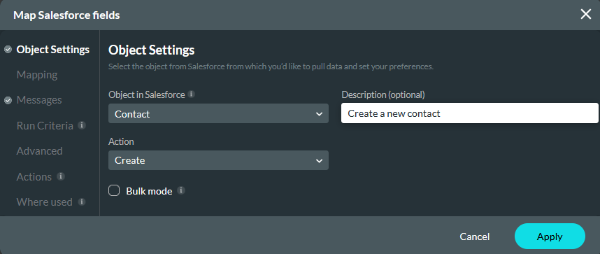 Map Salesforce fields object settings tab 