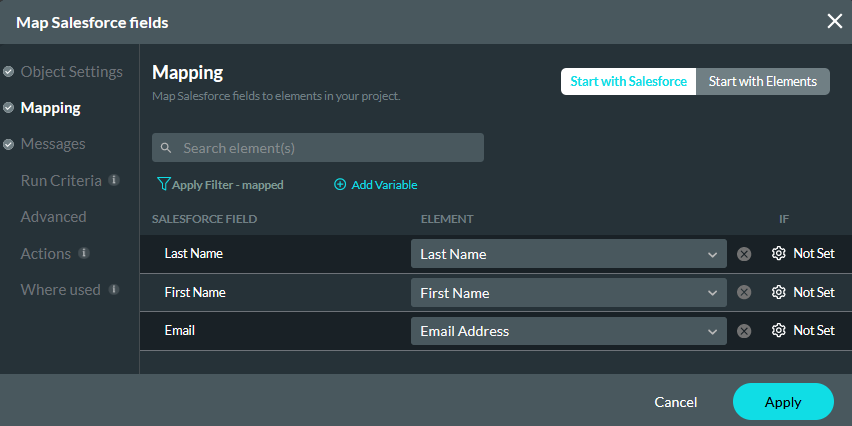 Map Salesforce fields mapping tab 