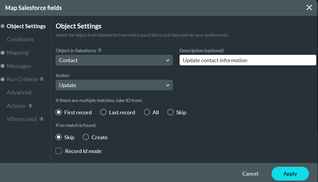 Map Salesforce fields object settings tab 