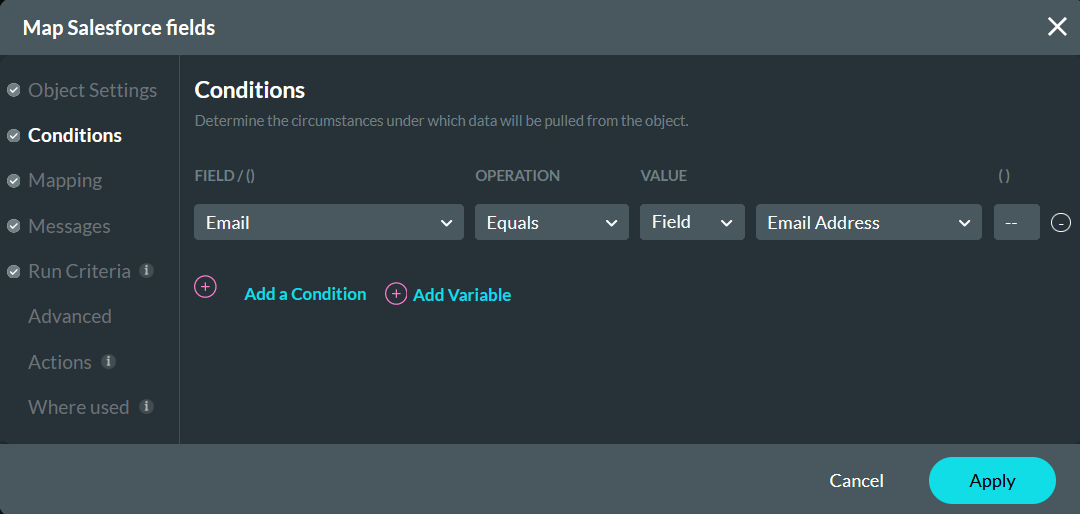 Map Salesforce fields conditions tab 