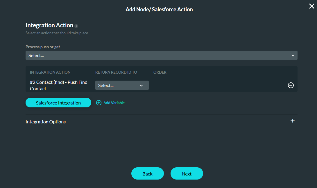 Add Node / Salesforce Action screen showing selected Salesforce action 