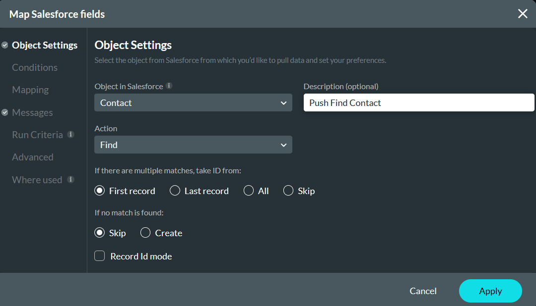 Map Salesforce fields object settings 