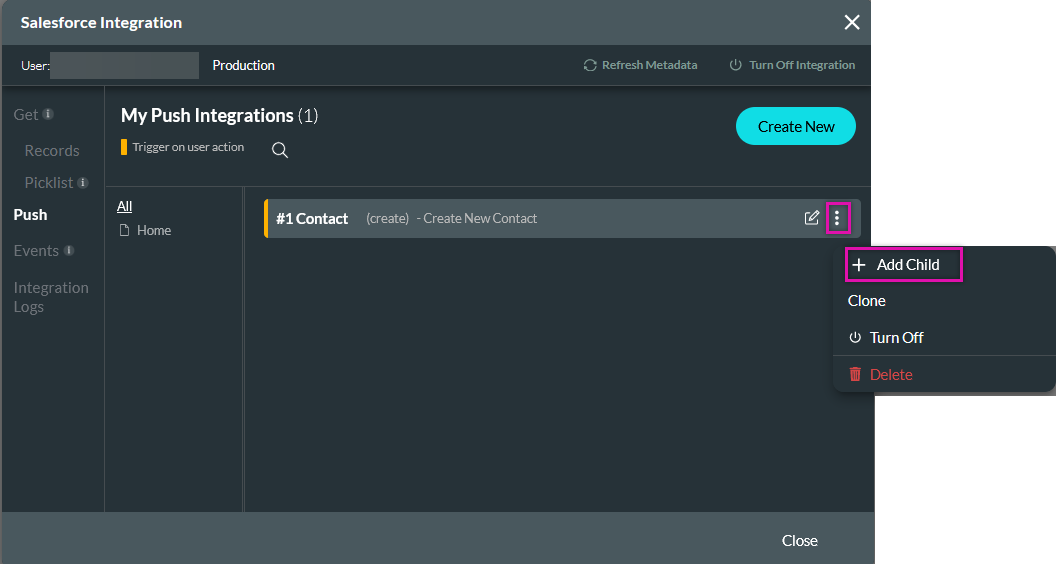 Salesforce integration window showing how to create a child push
