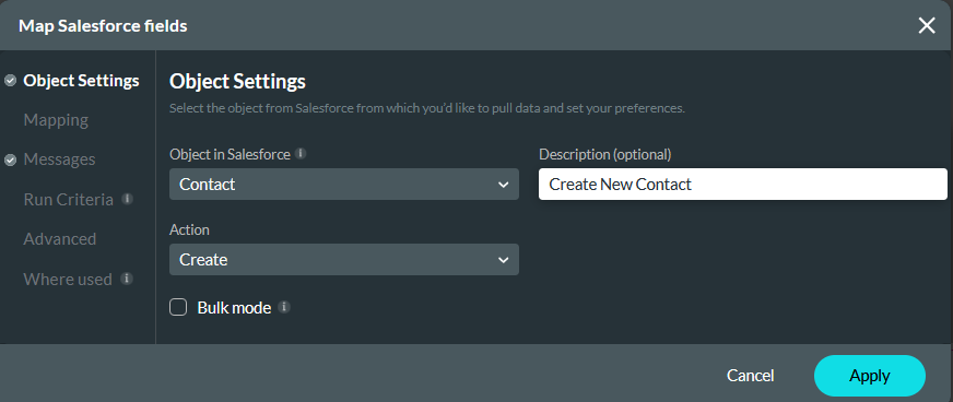 Map Salesforce fields object settings 