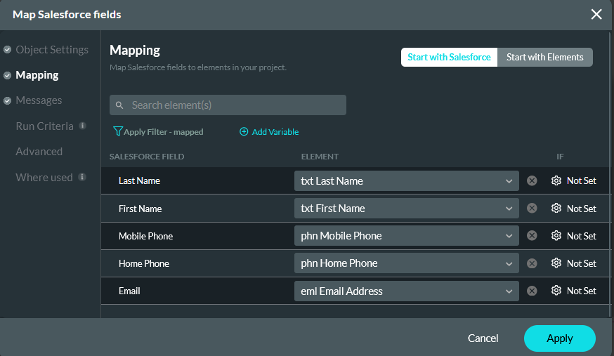 Map Salesforce fields mapping tab