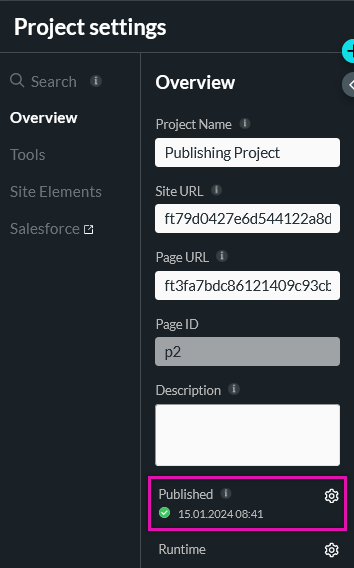 Project settings publish status 