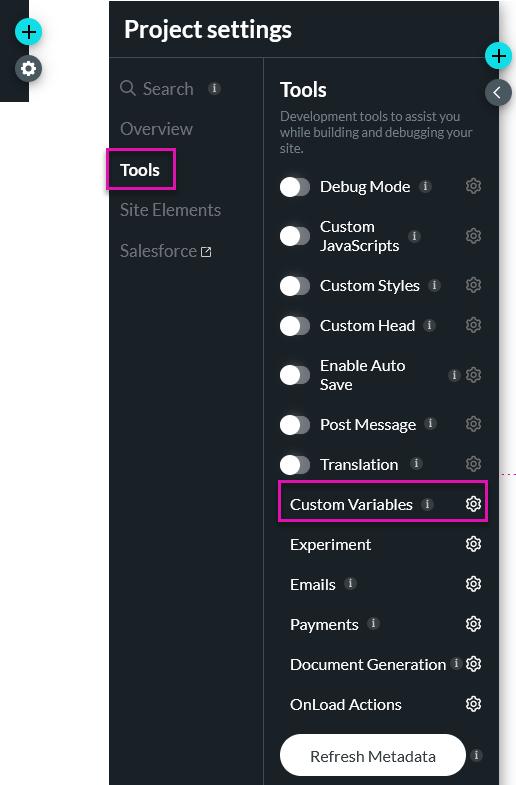 custom variables gear icon found under the project settings tool tab 