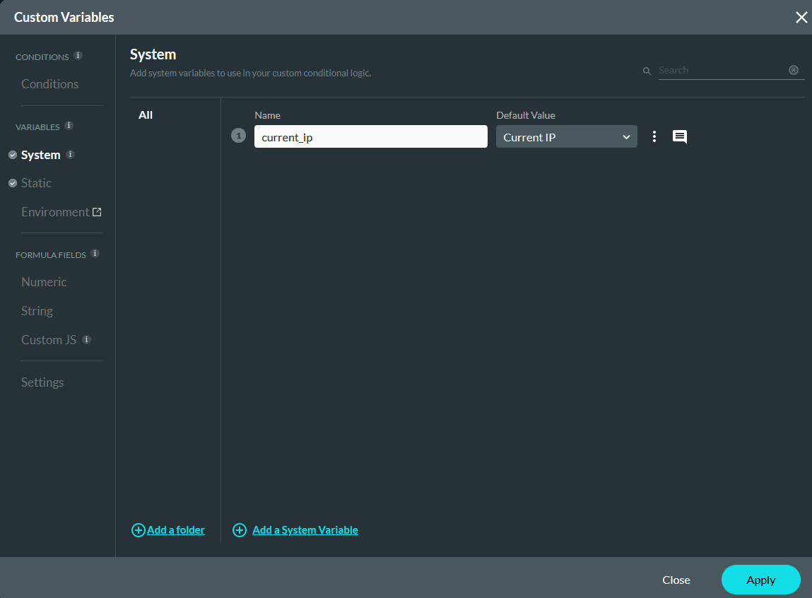 Custom variables window showing the system variables tab 