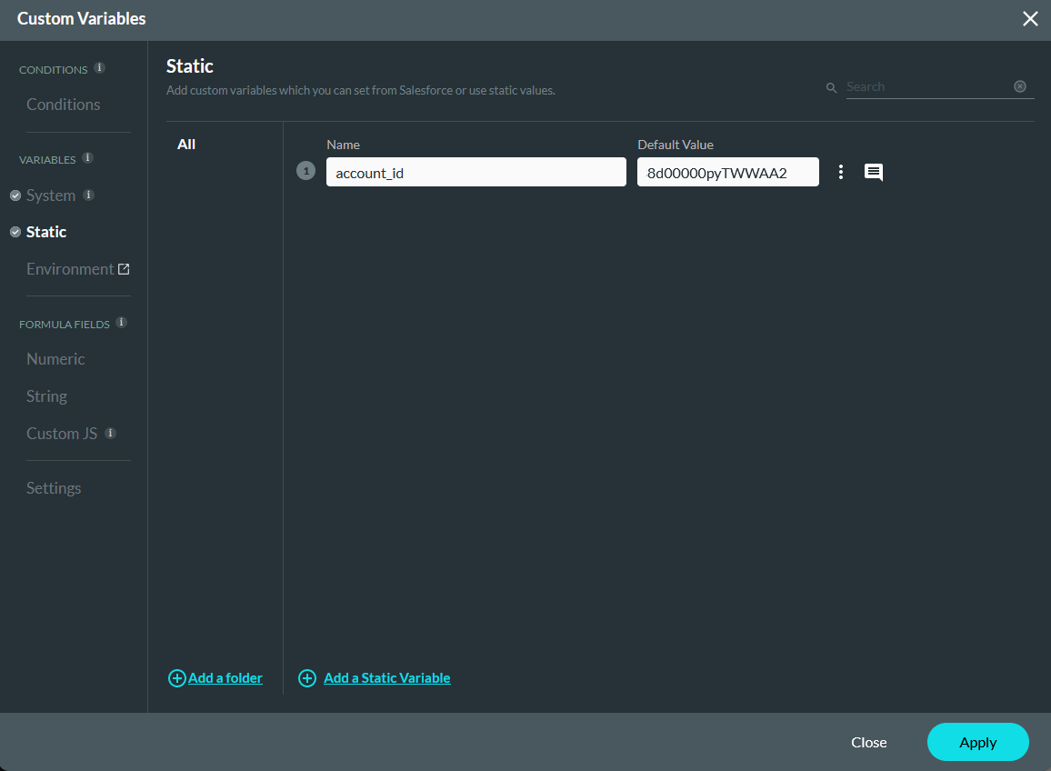 custom variables window showing the static tab 