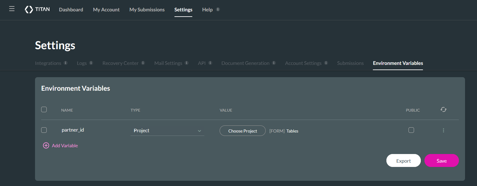 environment variables tab found under the dashboard settings 