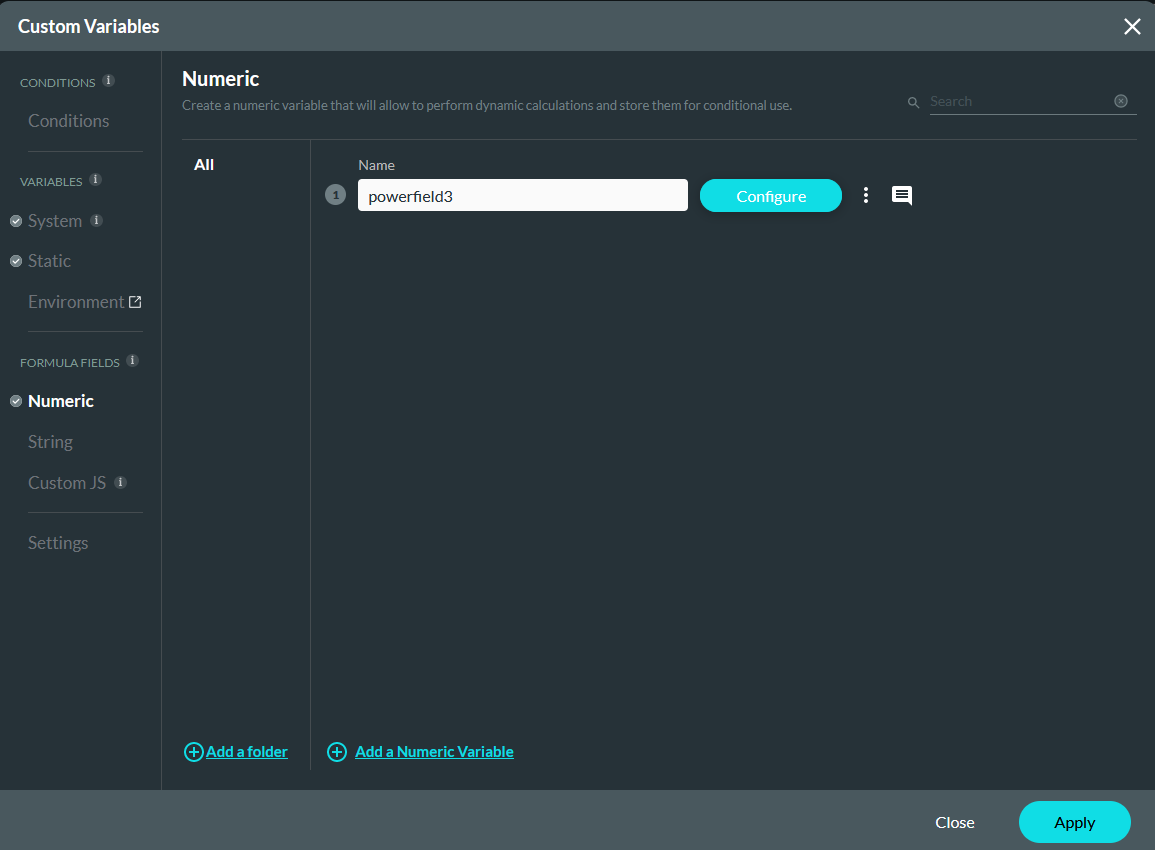 custom variables window showing numeric tab 