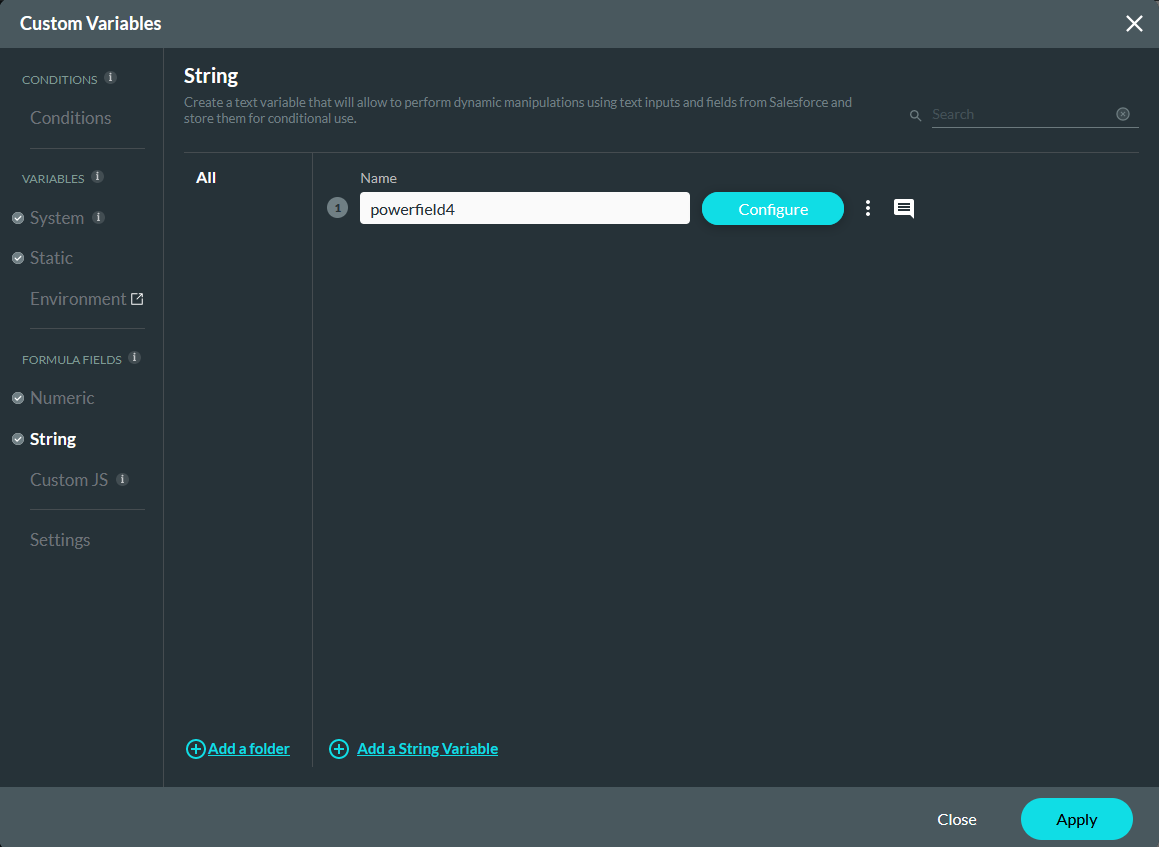 custom variables window showing the string tab 