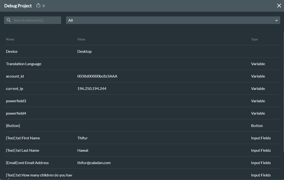 debug project window showing the variables 