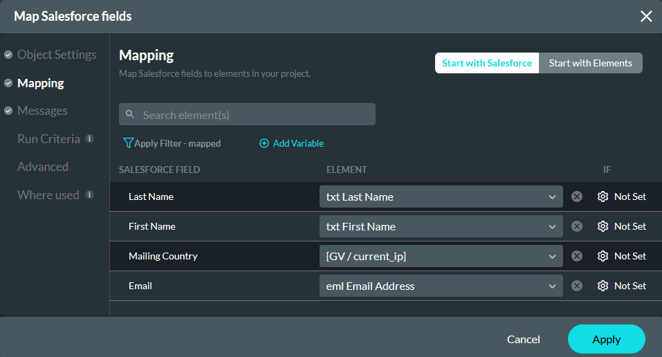 Map Salesforce fields showing mapping tab 