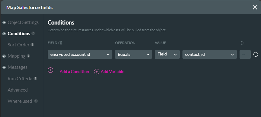 Map Salesforce fields conditions tab 