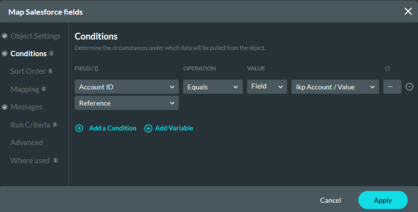 Map Salesforce fields conditions tab 