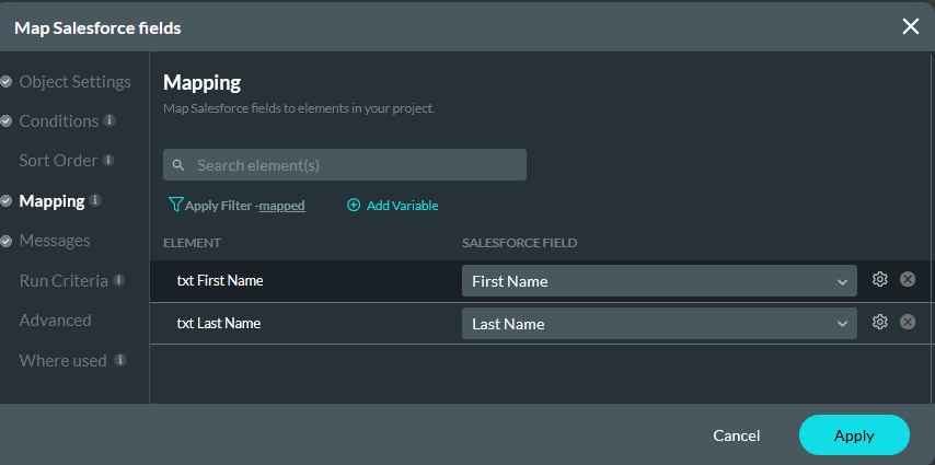 Map Salesforce fields mapping tab 