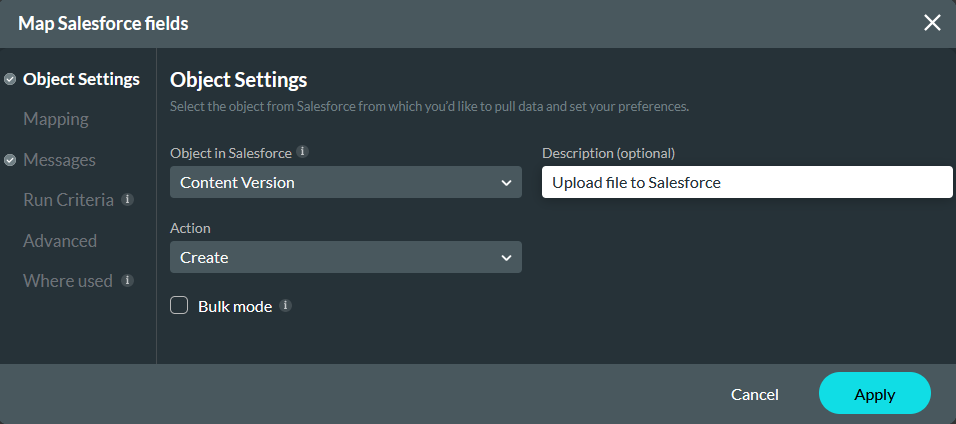 Map Salesforce fields object settings tab 