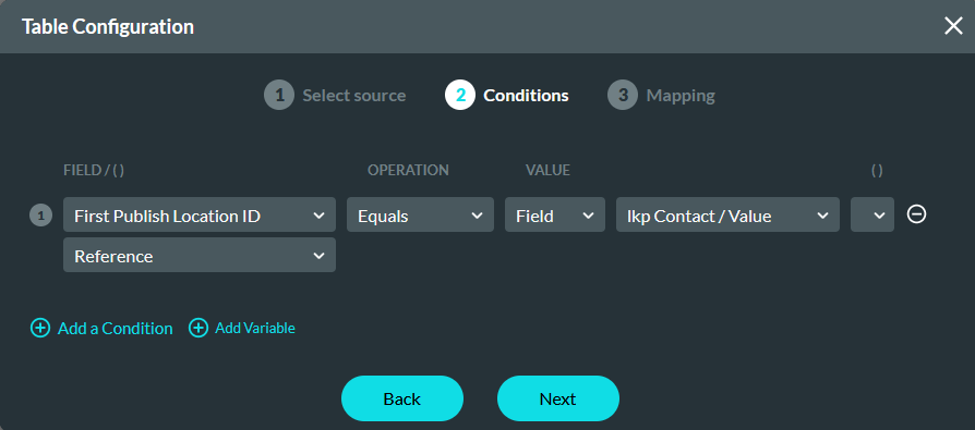 conditions step of table configuration 