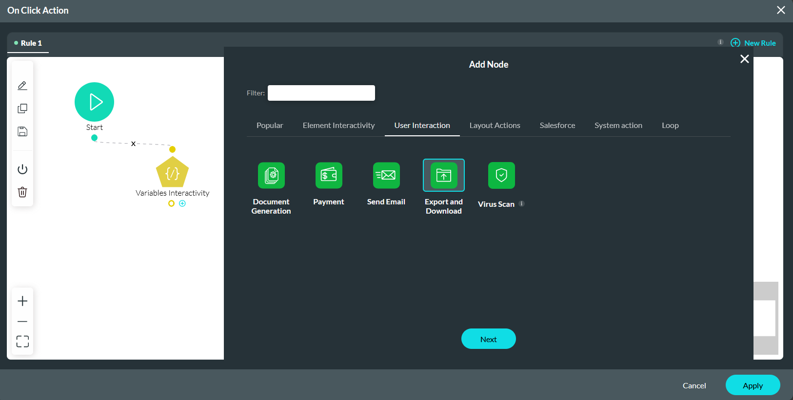 on click action with export and download node selected 