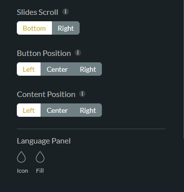 Slide scroll, button and content position, and language panel options 