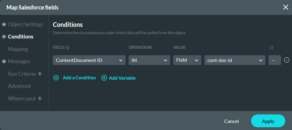 Map salesforce fields conditions tab 