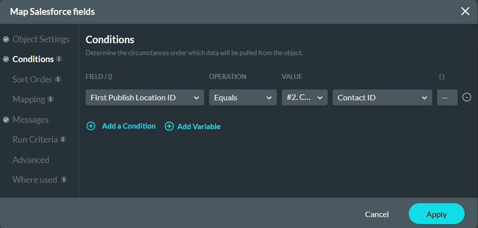 Map Salesforce fields conditions tab 