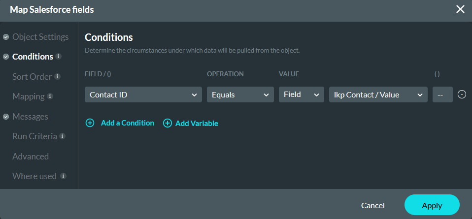 Map Salesforce fields conditions tab 