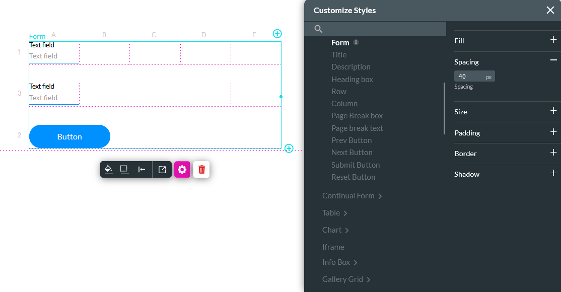 Project styles menu showing how to set form spacing
