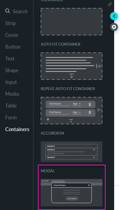 Modal element located in the containers tab 