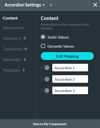 accordion settings menu displaying the options to configure static or dynamic values 