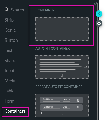 Container element in the containers tab 