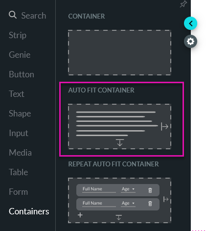 autofit container element shown in the containers tab 