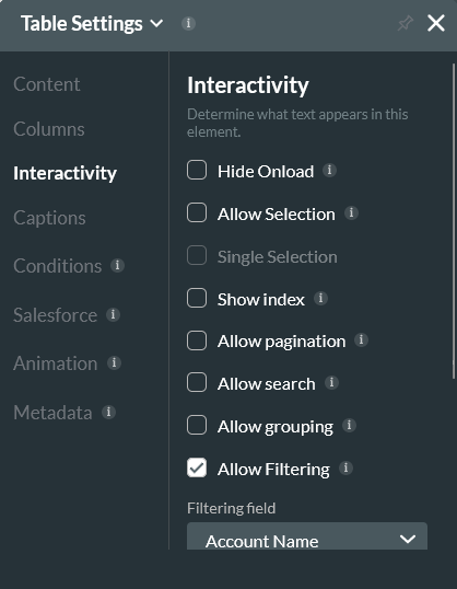 Table settings menu showing the interactivity tab 