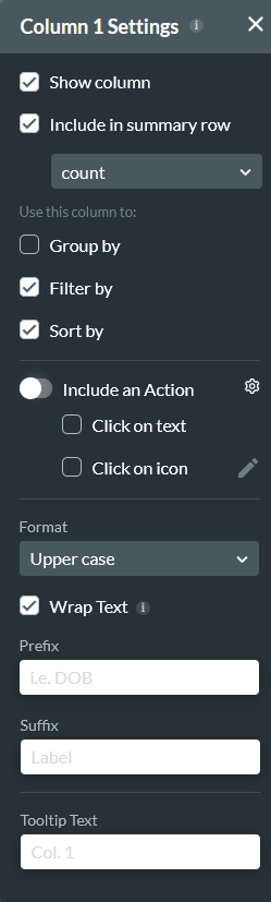 Column settings menu 