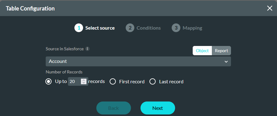 Table configuration window showing select source step 