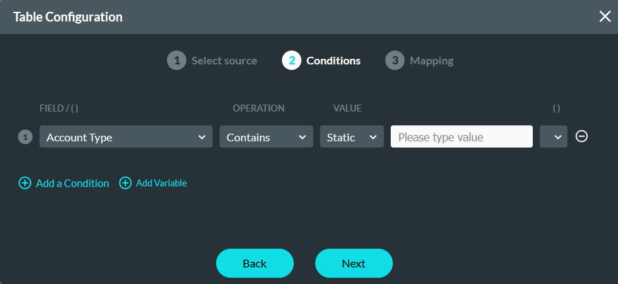 table configuration window displaying conditions step 